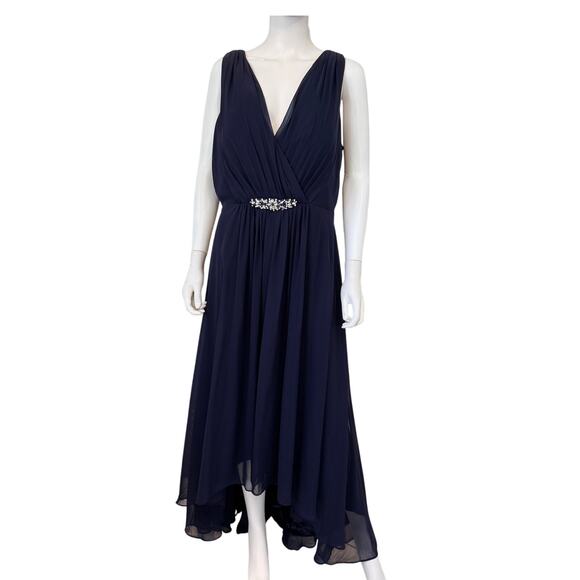 NEW ELIZA J Navy Sleeveless Pleated Embellished High-Low Gown Size 18 - Picture 4 of 9